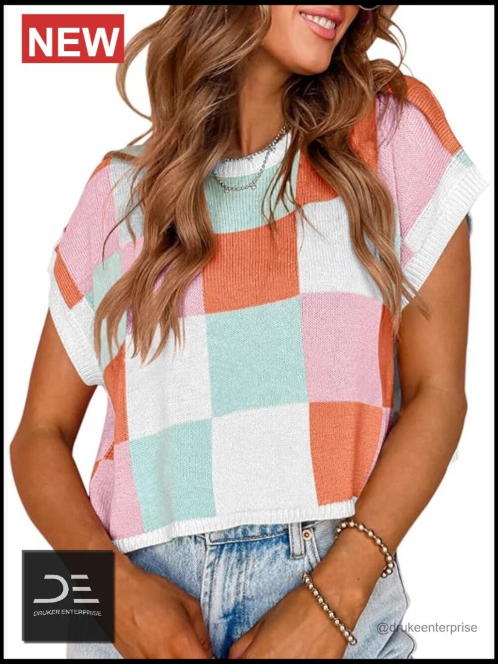Cap Sleeve Color Block Crop Top Crew Neck Knit Summer Casual Sweater Pullover
